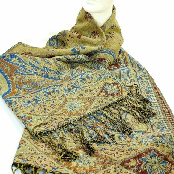 Women's Scarf Pashmina Soft Silky Shawl Wrap Light Stole Veil in Gold & Blue - Picture 3 of 7